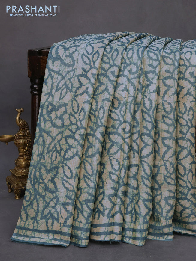 Pure tussar silk saree cream and blue with allover batik prints and batik printed border