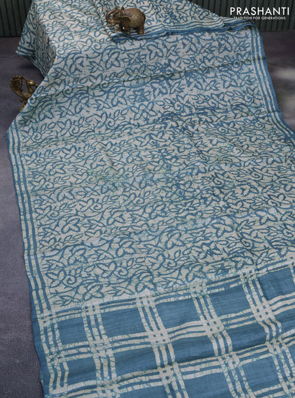 Pure tussar silk saree cream and blue with allover batik prints and batik printed border