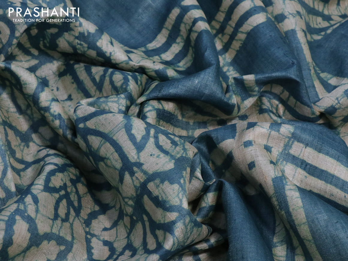 Pure tussar silk saree cream and blue with allover batik prints and batik printed border