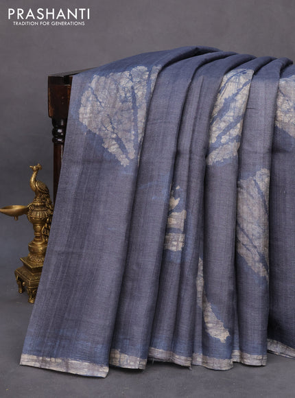 Pure tussar silk saree greyish blue and cream with batik butta prints and batik printed border