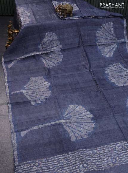 Pure tussar silk saree greyish blue and cream with batik butta prints and batik printed border