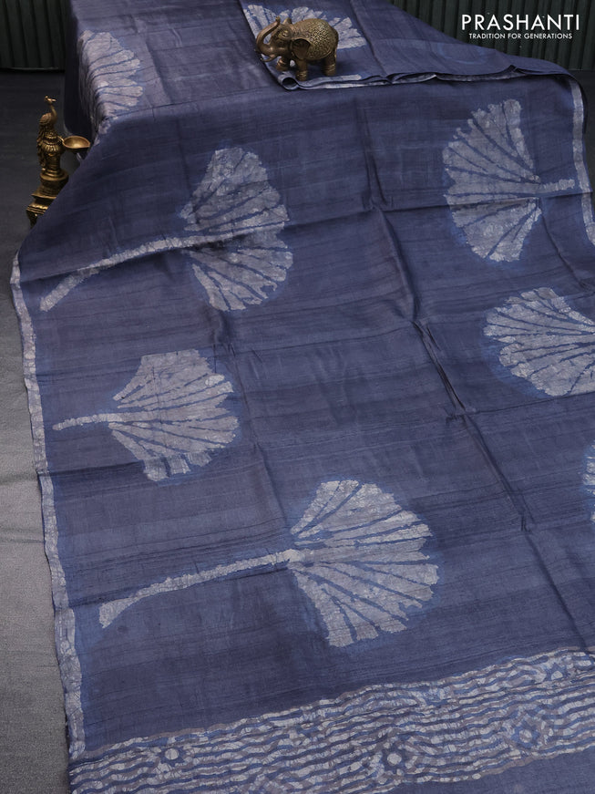 Pure tussar silk saree greyish blue and cream with batik butta prints and batik printed border