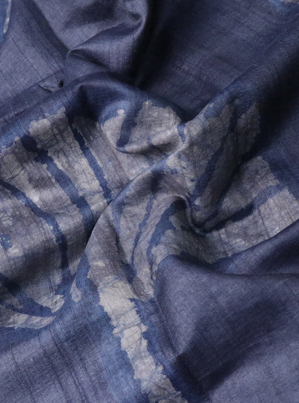 Pure tussar silk saree greyish blue and cream with batik butta prints and batik printed border