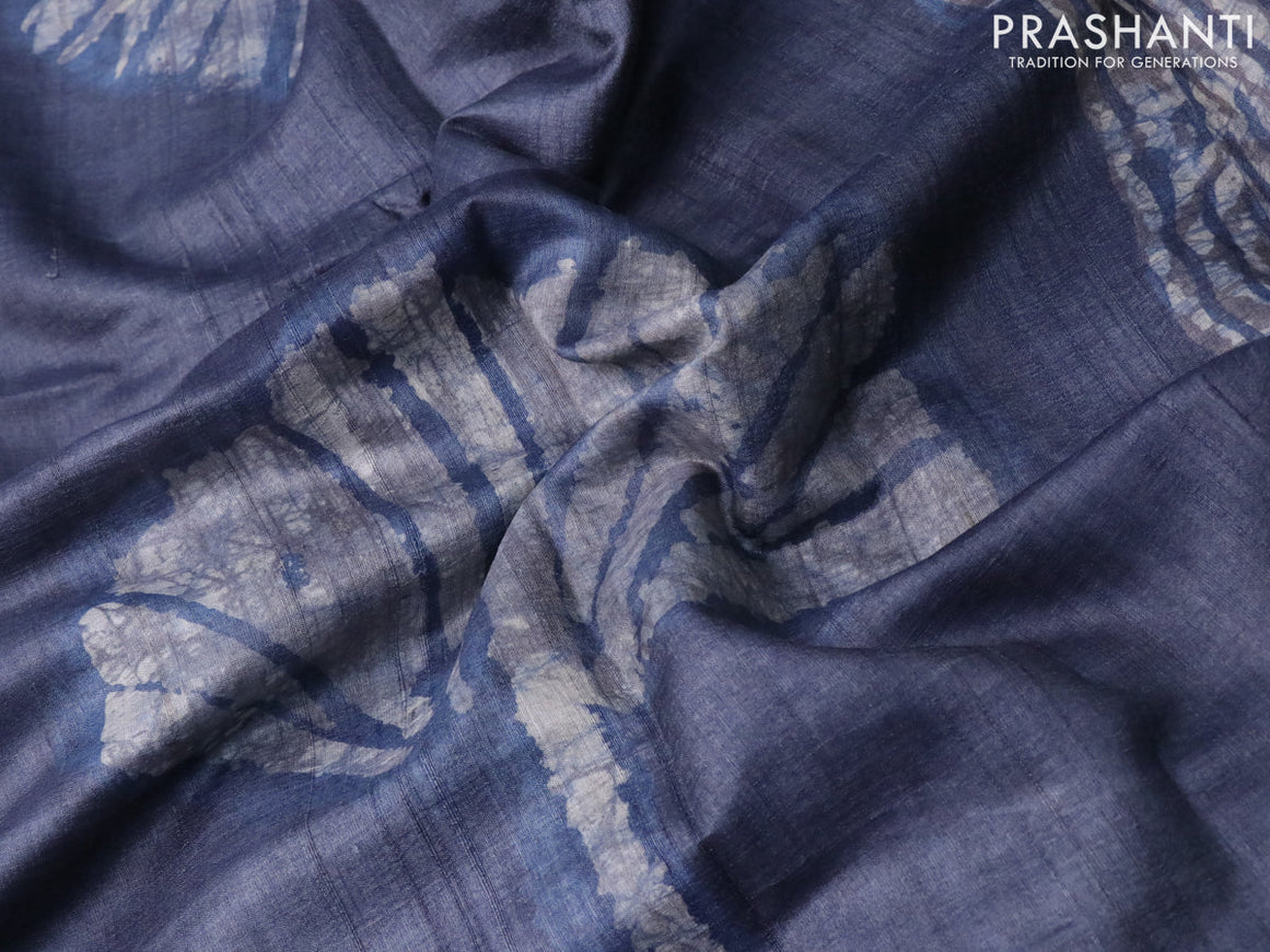 Pure tussar silk saree greyish blue and cream with batik butta prints and batik printed border