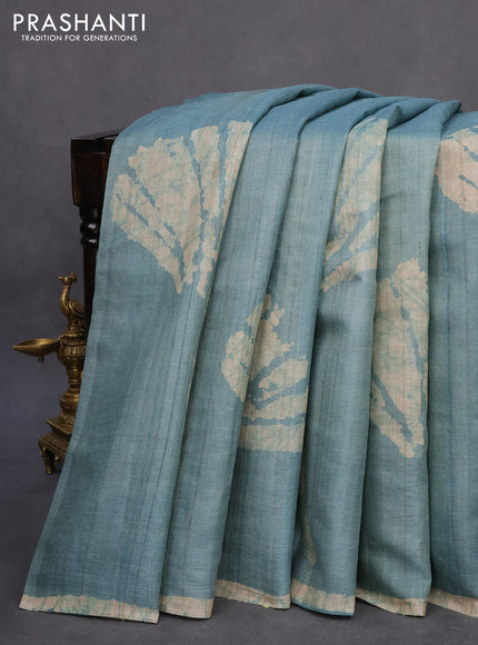 Pure tussar silk saree pastel blue with batik butta prints and batik printed border