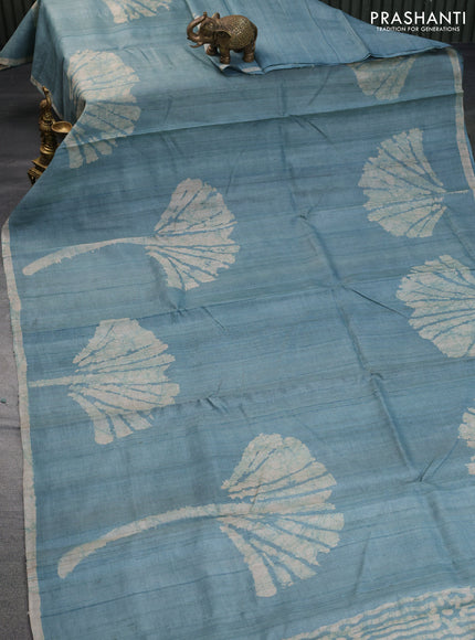 Pure tussar silk saree pastel blue with batik butta prints and batik printed border