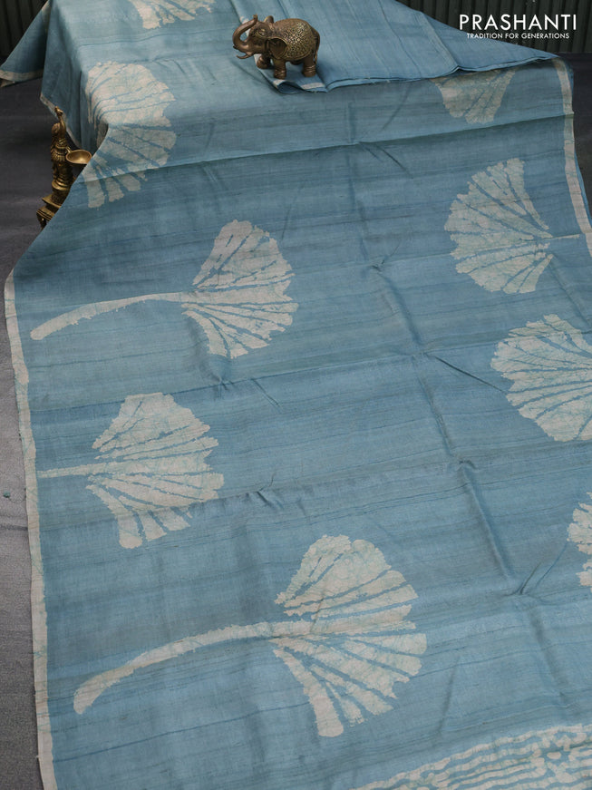 Pure tussar silk saree pastel blue with batik butta prints and batik printed border