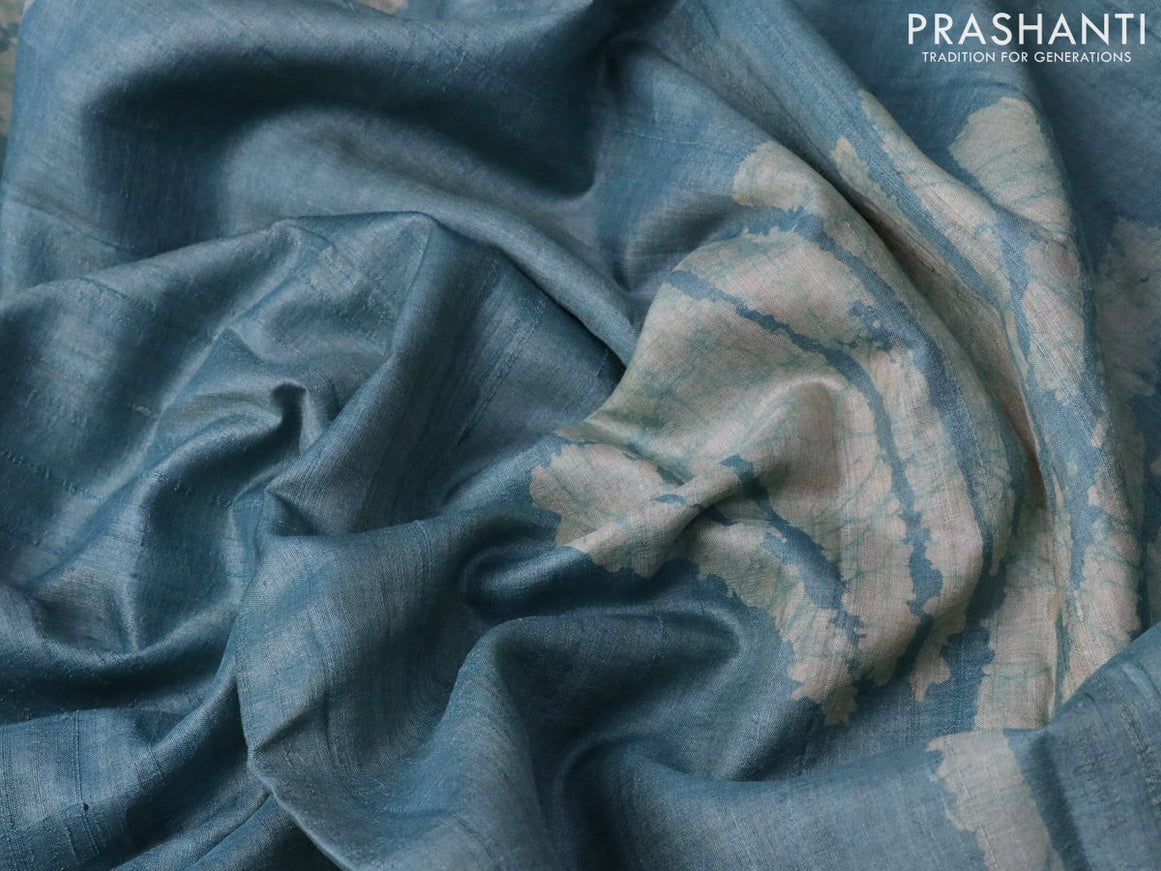 Pure tussar silk saree pastel blue with batik butta prints and batik printed border