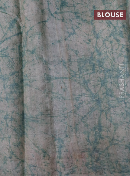 Pure tussar silk saree pastel blue with batik butta prints and batik printed border