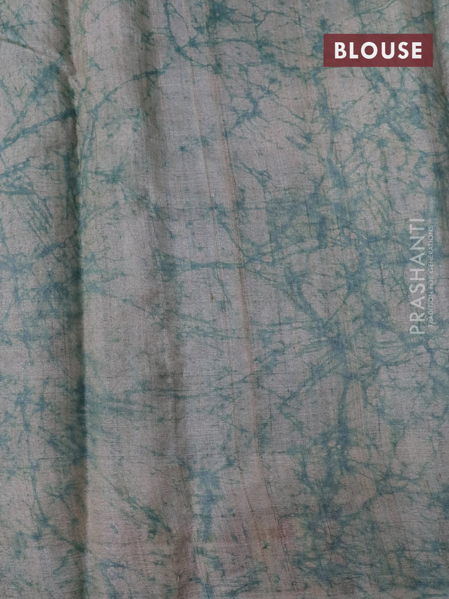 Pure tussar silk saree pastel blue with batik butta prints and batik printed border