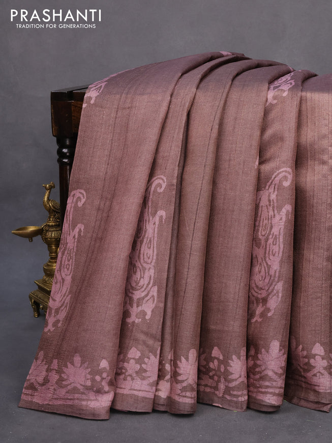 Pure tussar silk saree rosy brown with batik butta prints and printed border