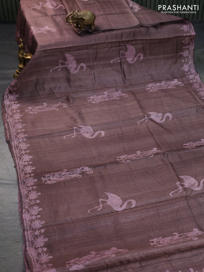 Pure tussar silk saree rosy brown with batik butta prints and printed border