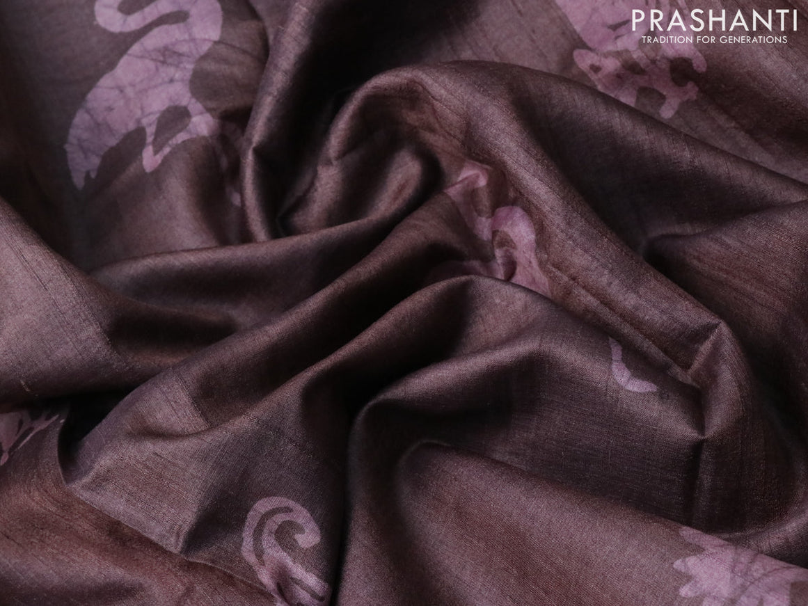 Pure tussar silk saree rosy brown with batik butta prints and printed border