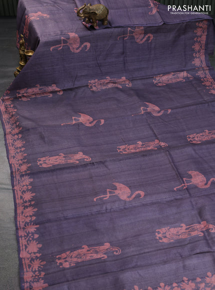 Pure tussar silk saree pastel jamun shade and peach shade with batik butta prints and printed border