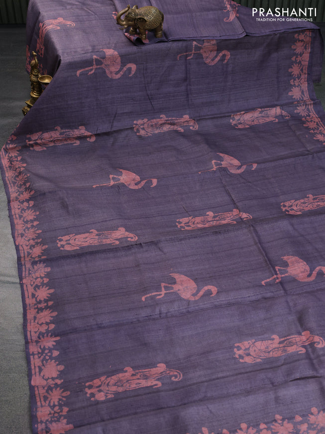 Pure tussar silk saree pastel jamun shade and peach shade with batik butta prints and printed border