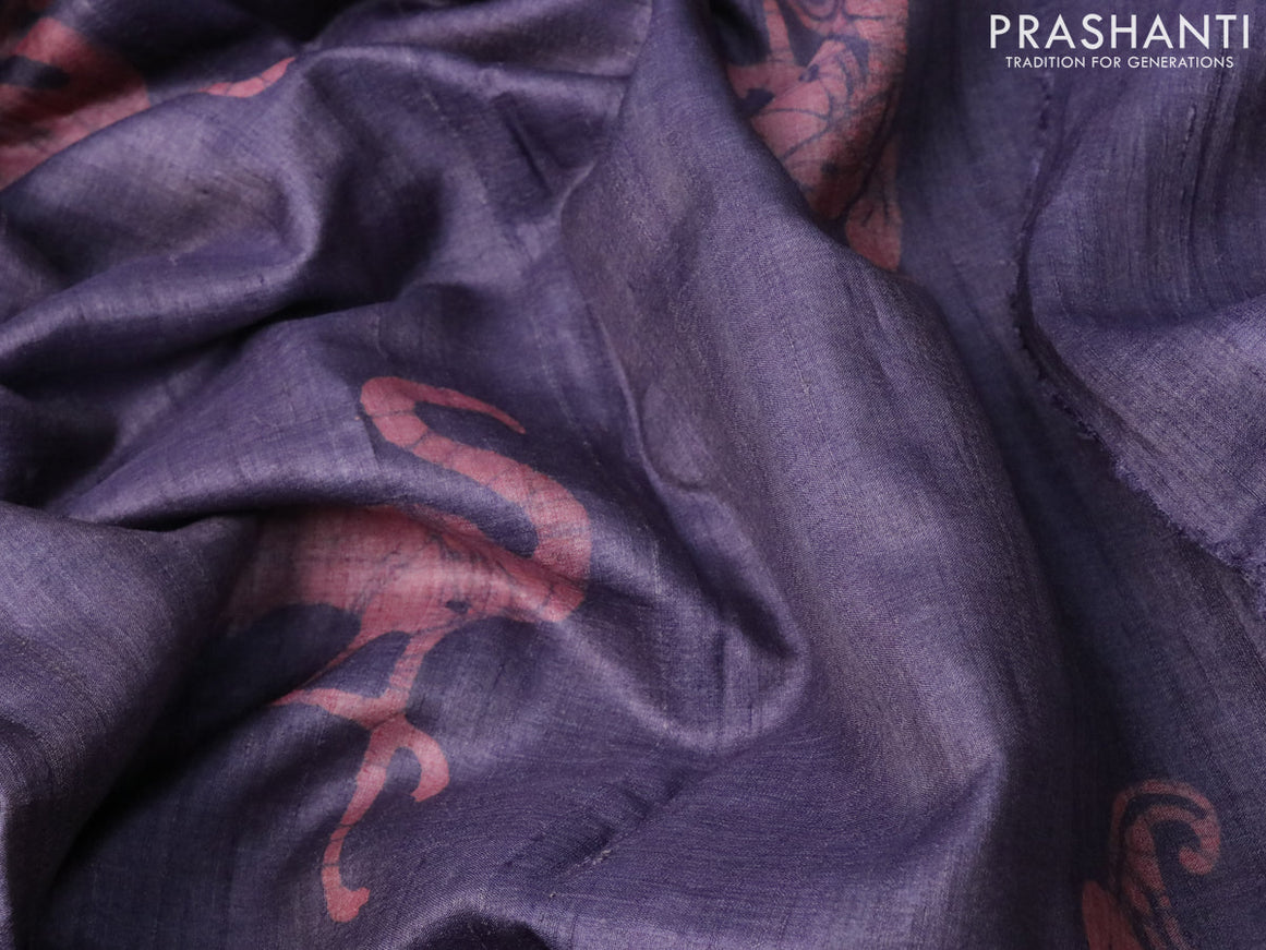 Pure tussar silk saree pastel jamun shade and peach shade with batik butta prints and printed border