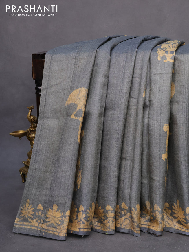 Pure tussar silk saree grey and beige with batik butta prints and printed border