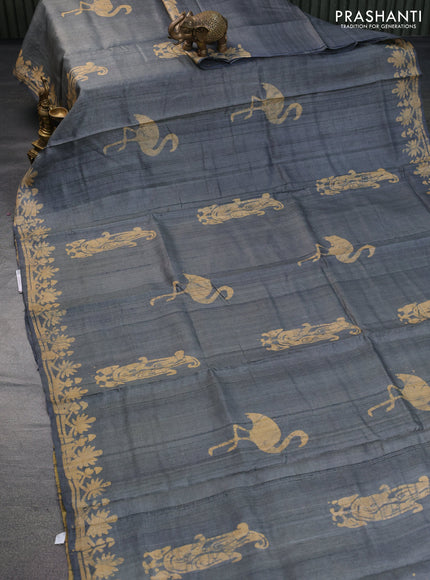 Pure tussar silk saree grey and beige with batik butta prints and printed border