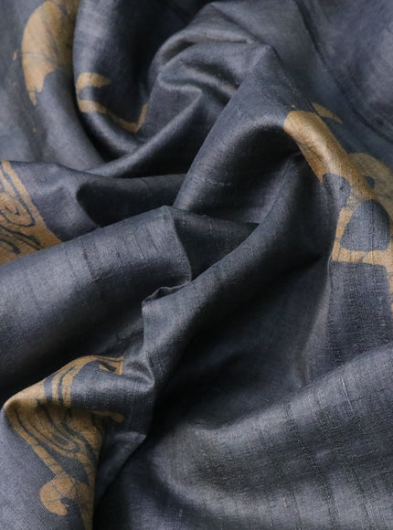 Pure tussar silk saree grey and beige with batik butta prints and printed border