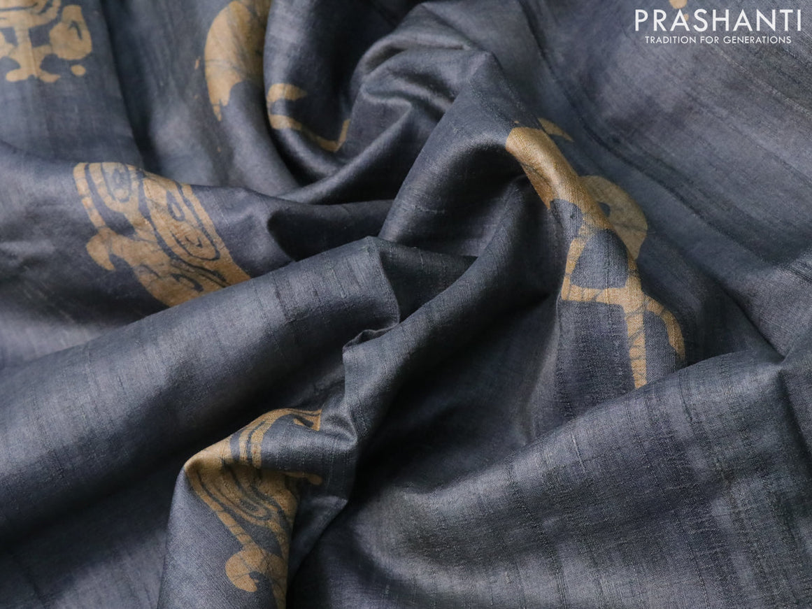 Pure tussar silk saree grey and beige with batik butta prints and printed border