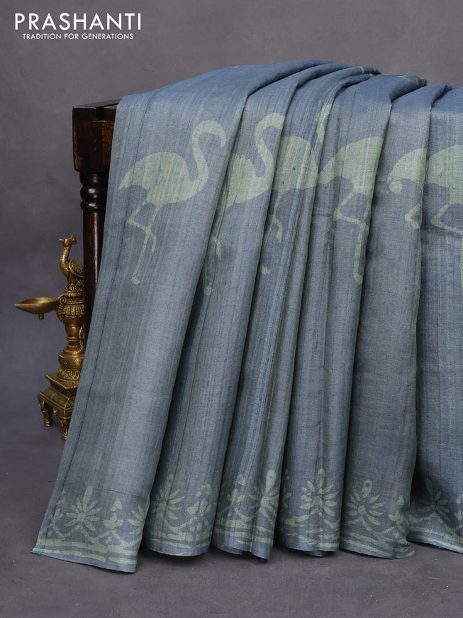 Pure tussar silk saree greyish blue with batik butta prints and printed border