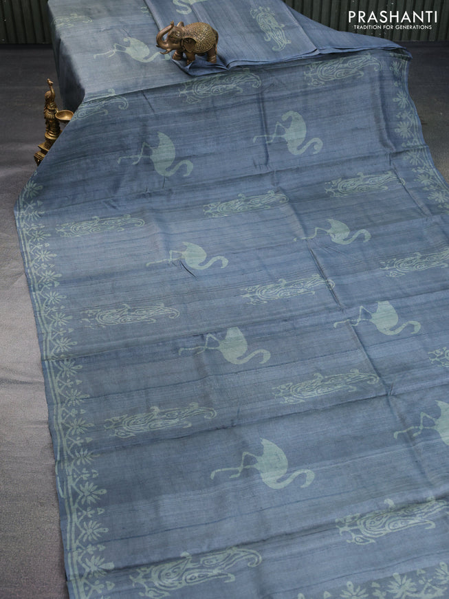 Pure tussar silk saree greyish blue with batik butta prints and printed border