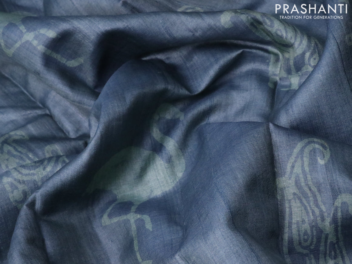 Pure tussar silk saree greyish blue with batik butta prints and printed border