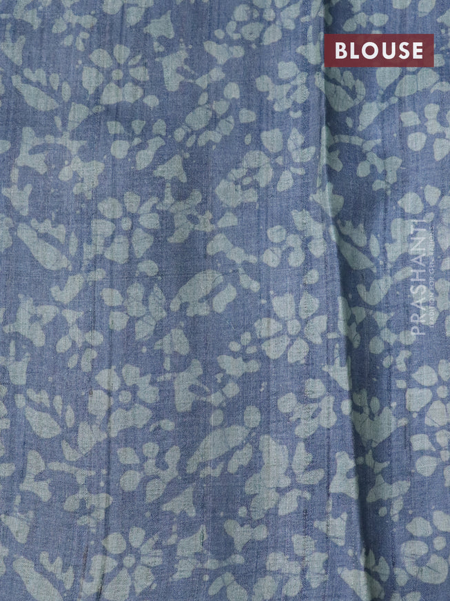 Pure tussar silk saree greyish blue with batik butta prints and printed border