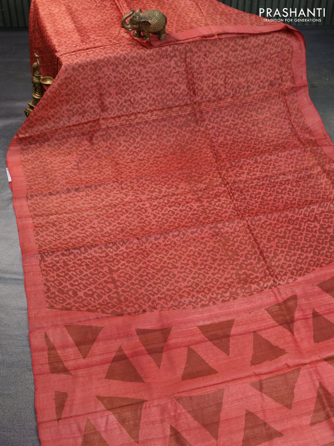 Pure tussar silk saree peach shade and pastel brown with allover prints and simple border