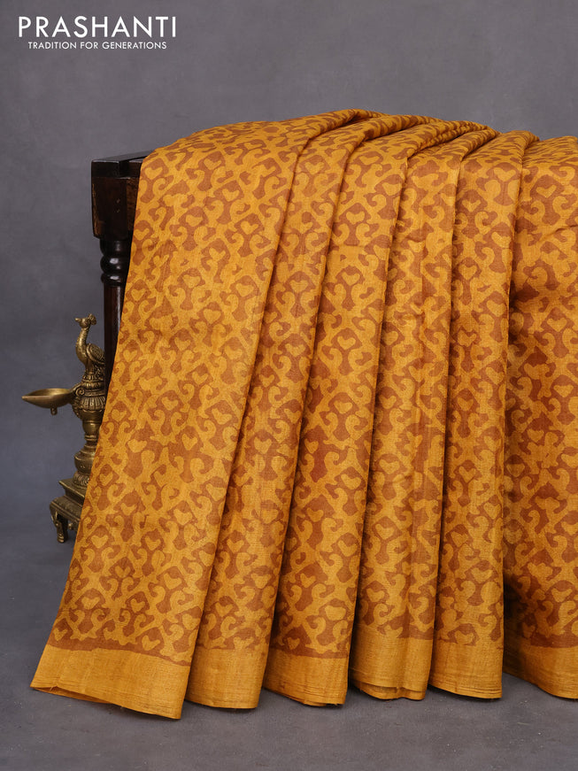 Pure tussar silk saree mustard yellow and brown with allover prints and simple border