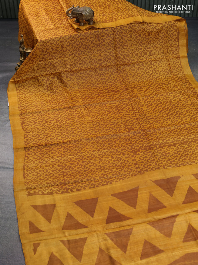 Pure tussar silk saree mustard yellow and brown with allover prints and simple border