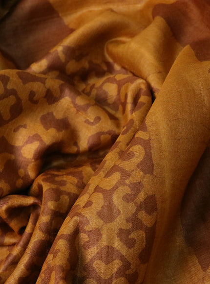 Pure tussar silk saree mustard yellow and brown with allover prints and simple border