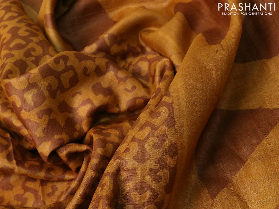 Pure tussar silk saree mustard yellow and brown with allover prints and simple border