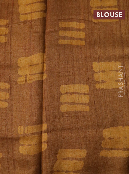 Pure tussar silk saree mustard yellow and brown with allover prints and simple border