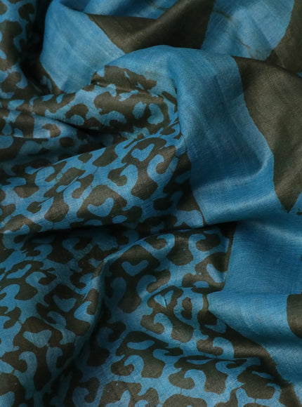 Pure tussar silk saree light blue and sap green with allover prints and simple border