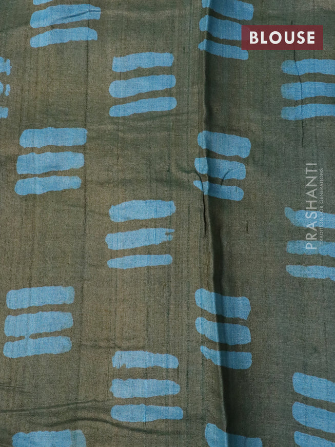 Pure tussar silk saree light blue and sap green with allover prints and simple border