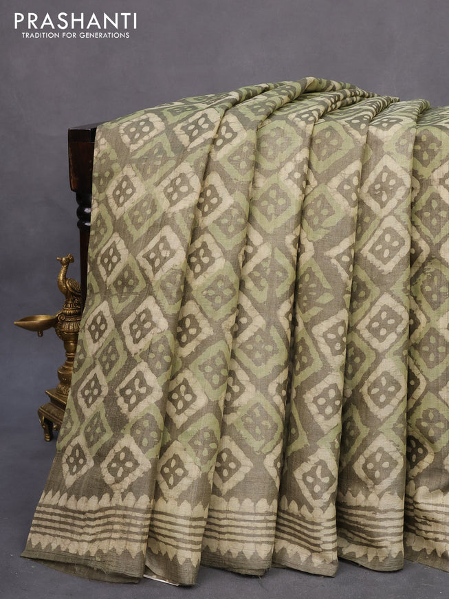 Pure tussar silk saree military green with allover batik prints and printed border