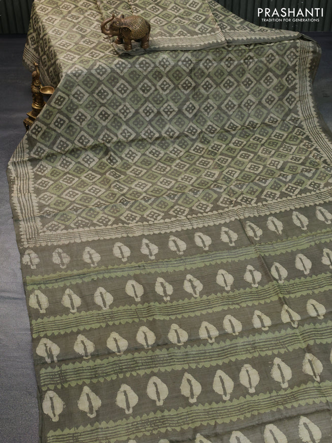 Pure tussar silk saree military green with allover batik prints and printed border