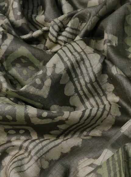 Pure tussar silk saree military green with allover batik prints and printed border