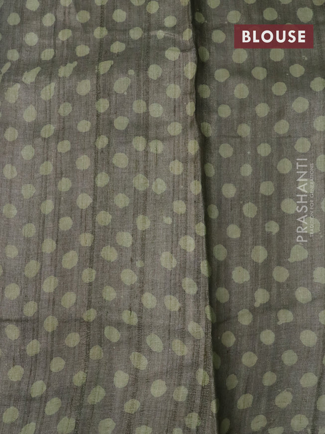 Pure tussar silk saree military green with allover batik prints and printed border