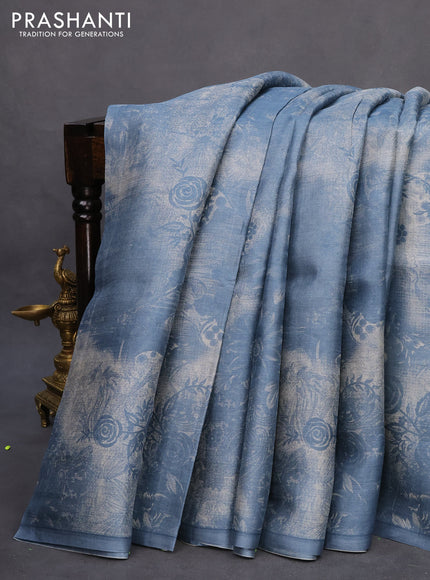 Pure tussar silk saree blue shade with floral prints in borderless style