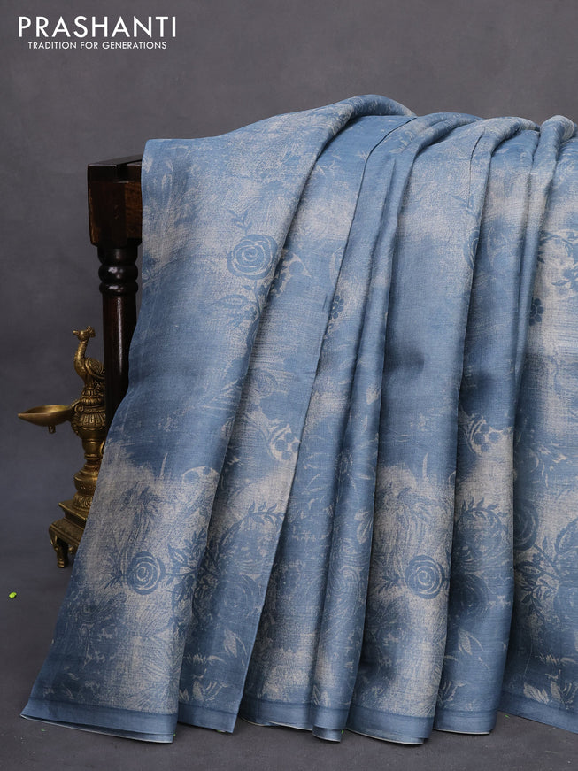 Pure tussar silk saree blue shade with floral prints in borderless style