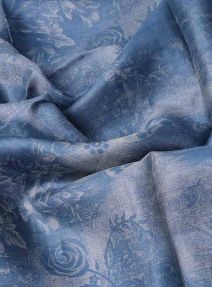 Pure tussar silk saree blue shade with floral prints in borderless style