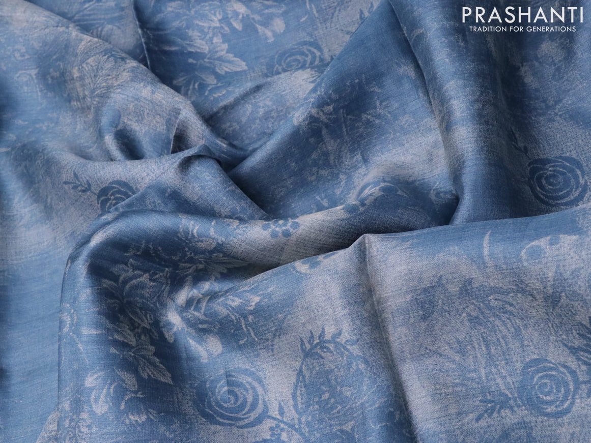 Pure tussar silk saree blue shade with floral prints in borderless style