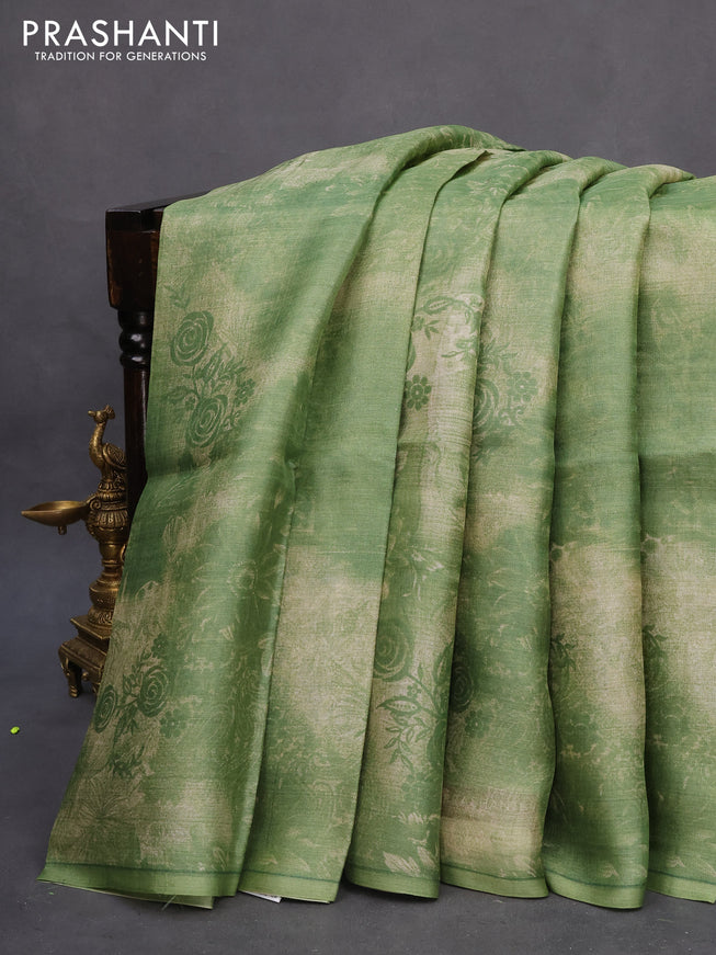 Pure tussar silk saree green shade with floral prints in borderless style