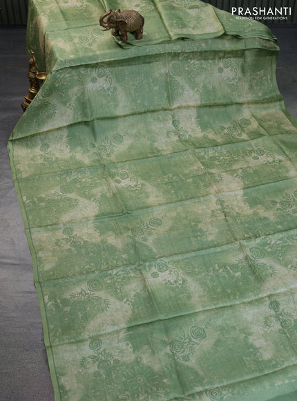 Pure tussar silk saree green shade with floral prints in borderless style