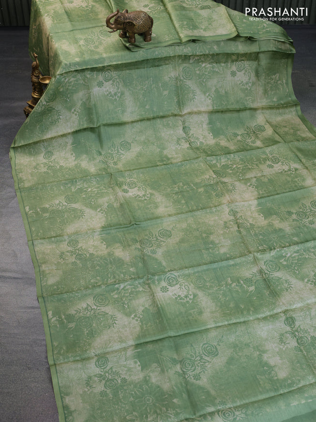 Pure tussar silk saree green shade with floral prints in borderless style