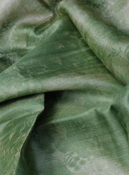 Pure tussar silk saree green shade with floral prints in borderless style