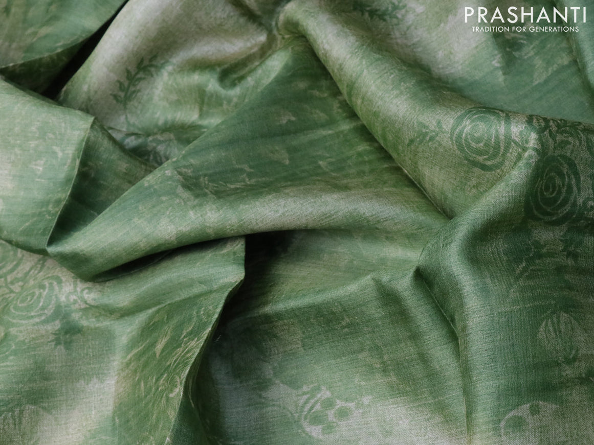 Pure tussar silk saree green shade with floral prints in borderless style