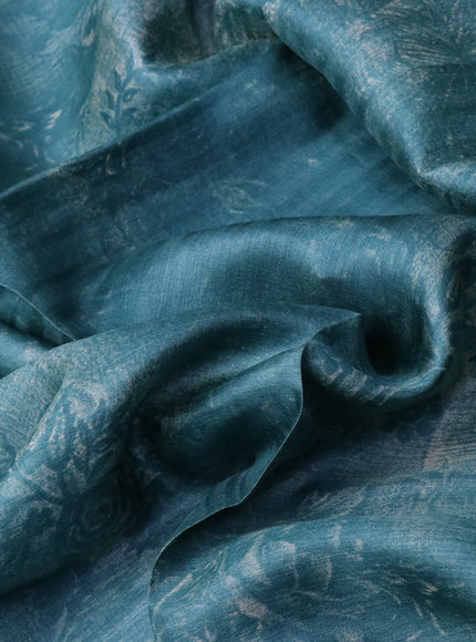 Pure tussar silk saree teal blue shade with floral prints in borderless style